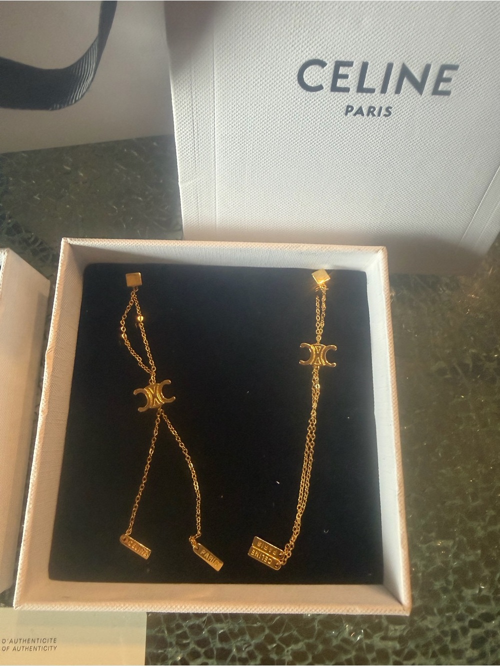 Celine Gold Double-Chain Drop Earrings with Triomphe Motif - Picture 3 of 5